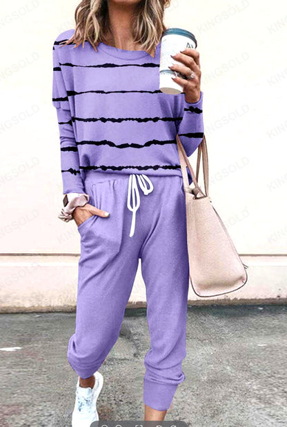 Spliced Long Sleeve Loungewear Set with Jogger Pants