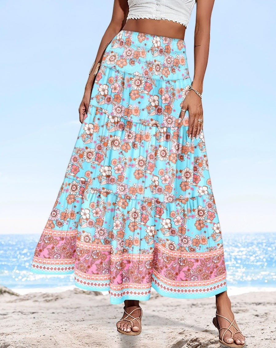 Floral Print Maxi Skirt with High Waist and Tiered Hem