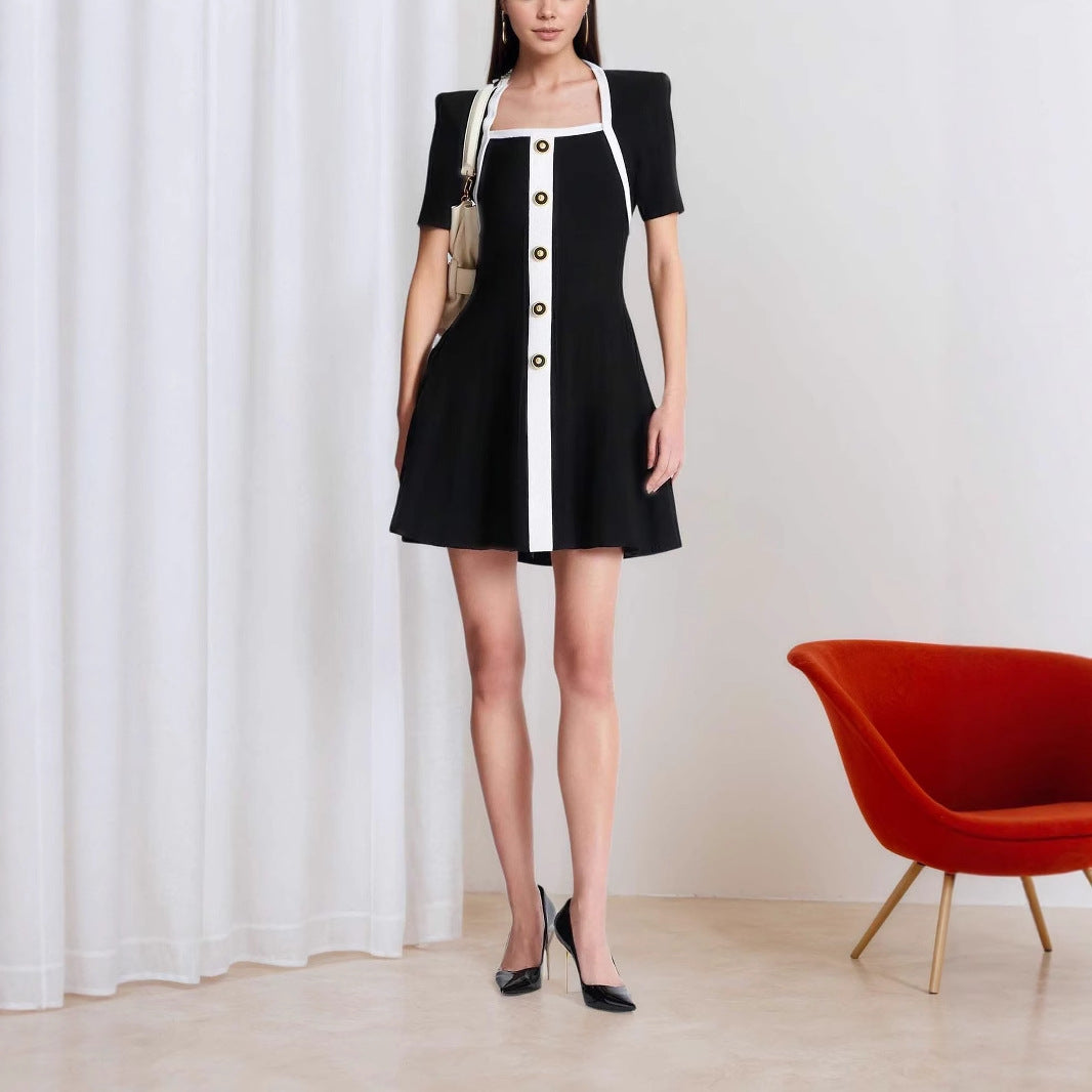 A-Line Mini Dress with Square Neck and Contrast Placket