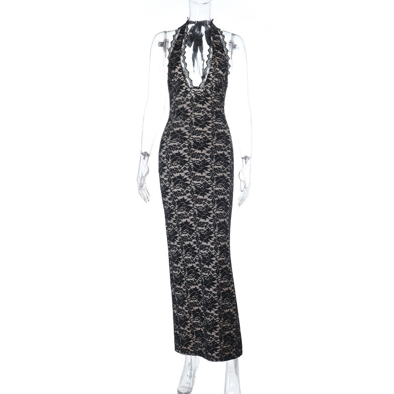 Lace Bodycon Maxi Dress with Halter V-Neckline