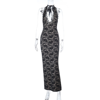 Lace Bodycon Maxi Dress with Halter V-Neckline