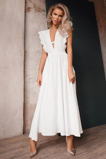 A-Line Midi Dress with V-Neck and Ruffle Sleeves