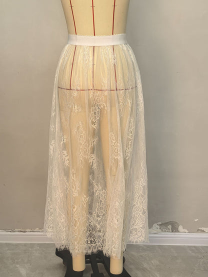 High-Waist Sheer Mesh Maxi Skirt with Floral Lace Trim