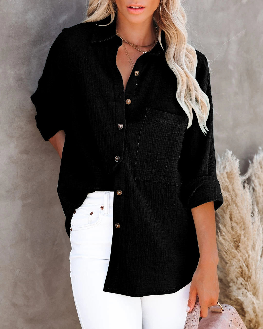 Oversized Solid Linen-Blend Shirt with Chest Pocket