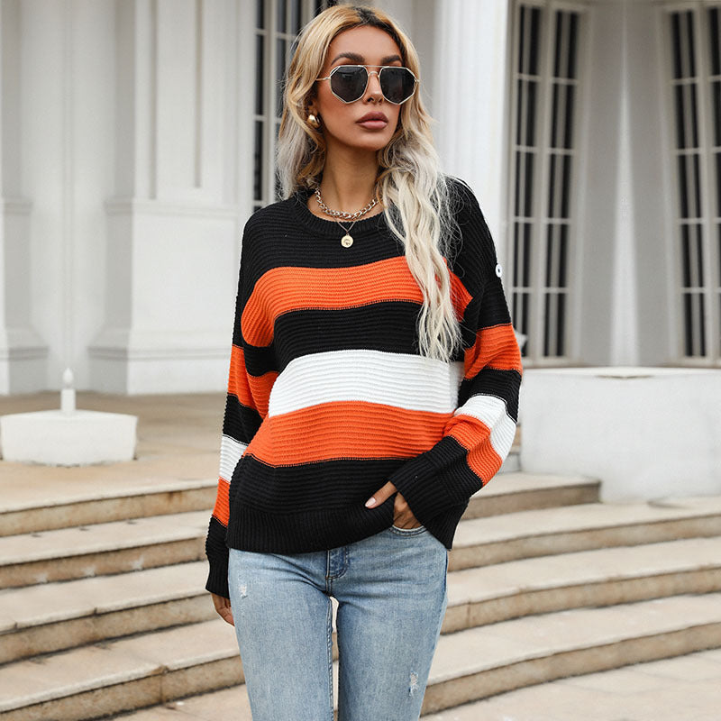 Loose Striped Pullover Sweater with Crewneck and Long Sleeves