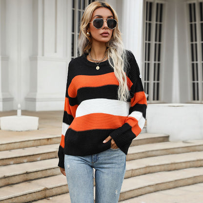 Loose Striped Pullover Sweater with Crewneck and Long Sleeves