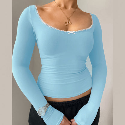 Bodycon Long Sleeve Top with Lace-Trimmed U-Neck and Bow Detail