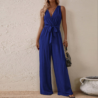 Wide-Leg Sleeveless Jumpsuit with V-Neck and Tie-Waist