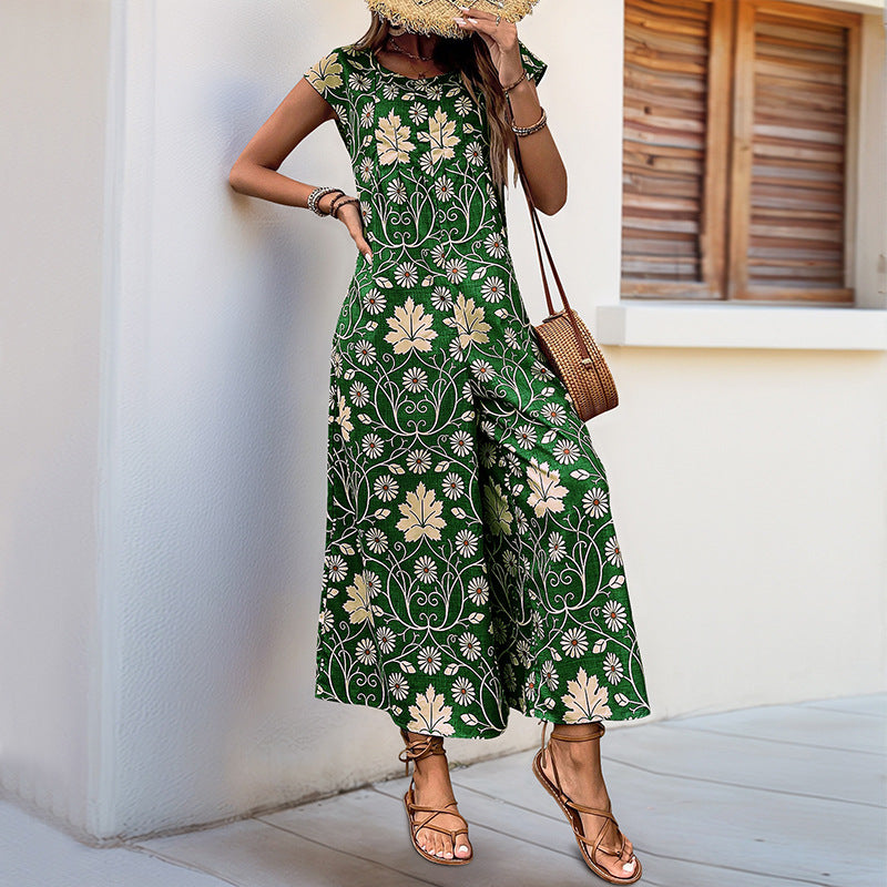 Retro Floral Print Jumpsuit with Wide Legs and Cap Sleeves