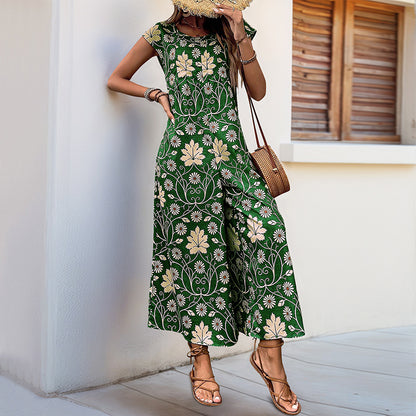 Retro Floral Print Jumpsuit with Wide Legs and Cap Sleeves