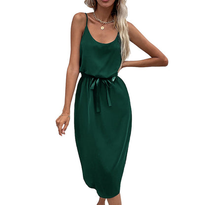 Solid A-Line Midi Dress with Spaghetti Straps and Waist Tie