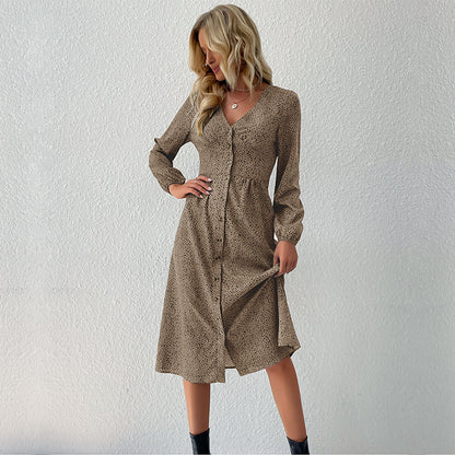 Leopard Print Midi Dress with V-Neck and Button Front