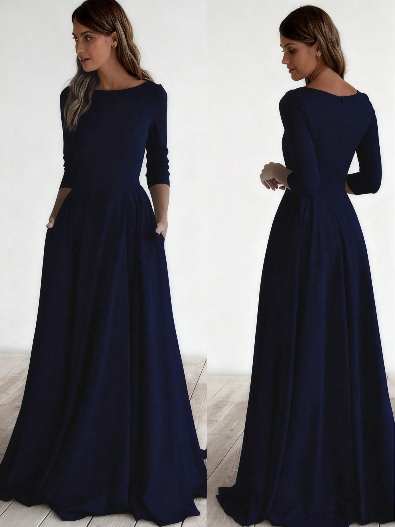 A-Line Maxi Dress with Nine-Quarter Sleeves and Pockets