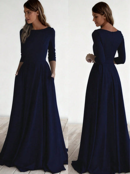 A-Line Maxi Dress with Nine-Quarter Sleeves and Pockets