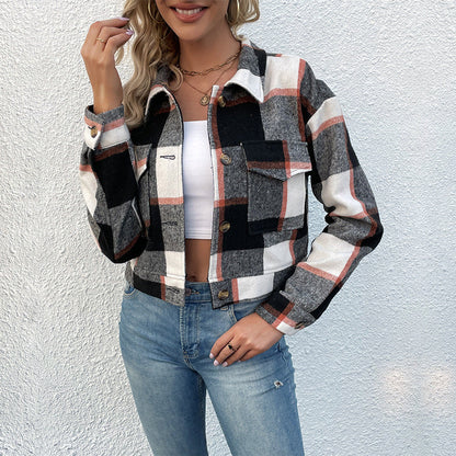 Cropped Plaid Button-Down Jacket with Chest Pockets