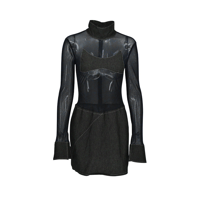Bodycon Mini Dress with Sheer Mesh Top and Contrast Stitching
