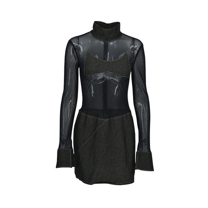 Bodycon Mini Dress with Sheer Mesh Top and Contrast Stitching