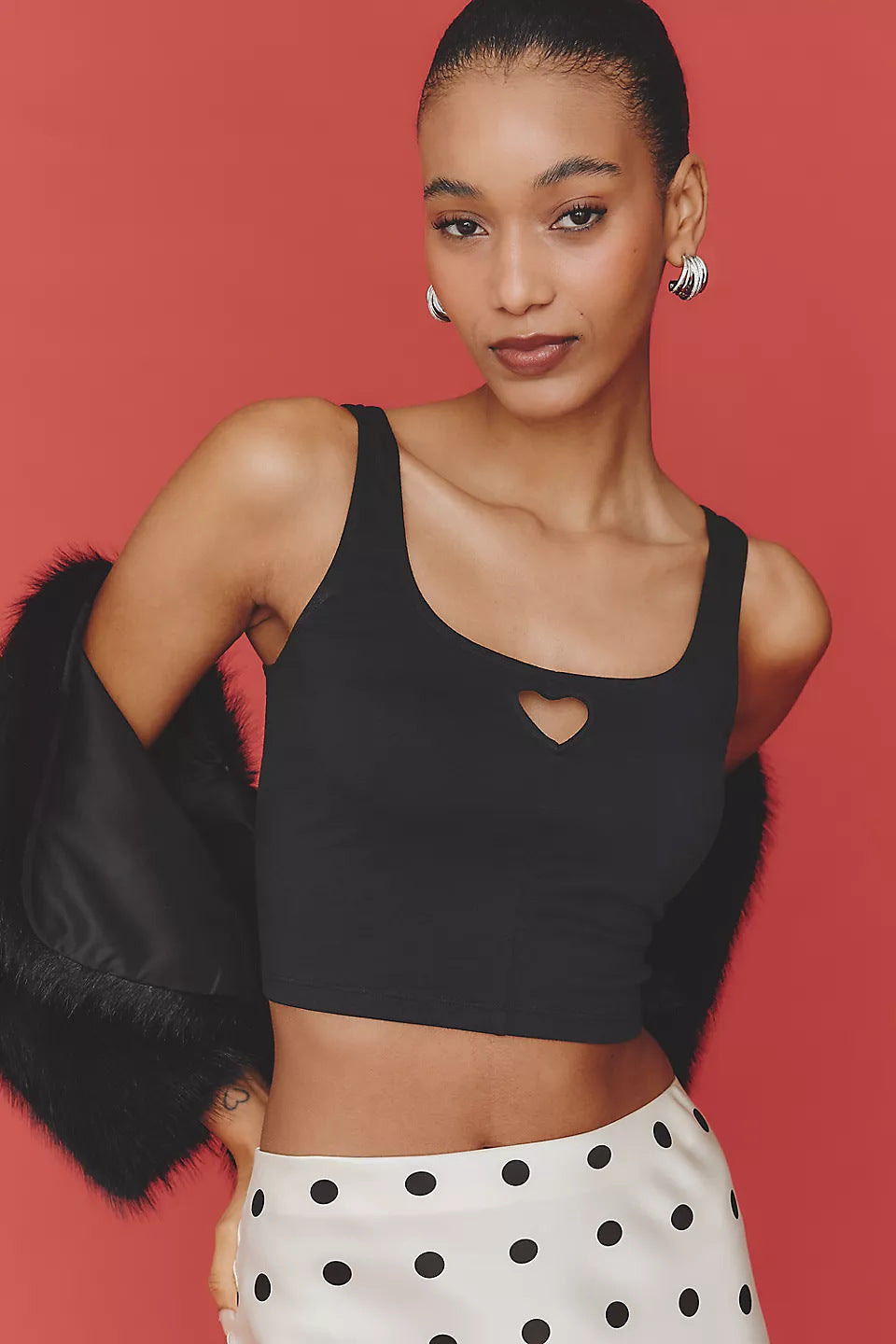 Slim Fit Cropped Tank Top with Heart Cut-Out Detail