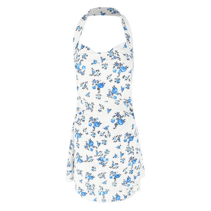 Blue Floral Halter Mini Dress with Tiered Skirt