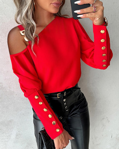 Solid Asymmetrical Blouse with Shoulder Buckle and Button Cuffs