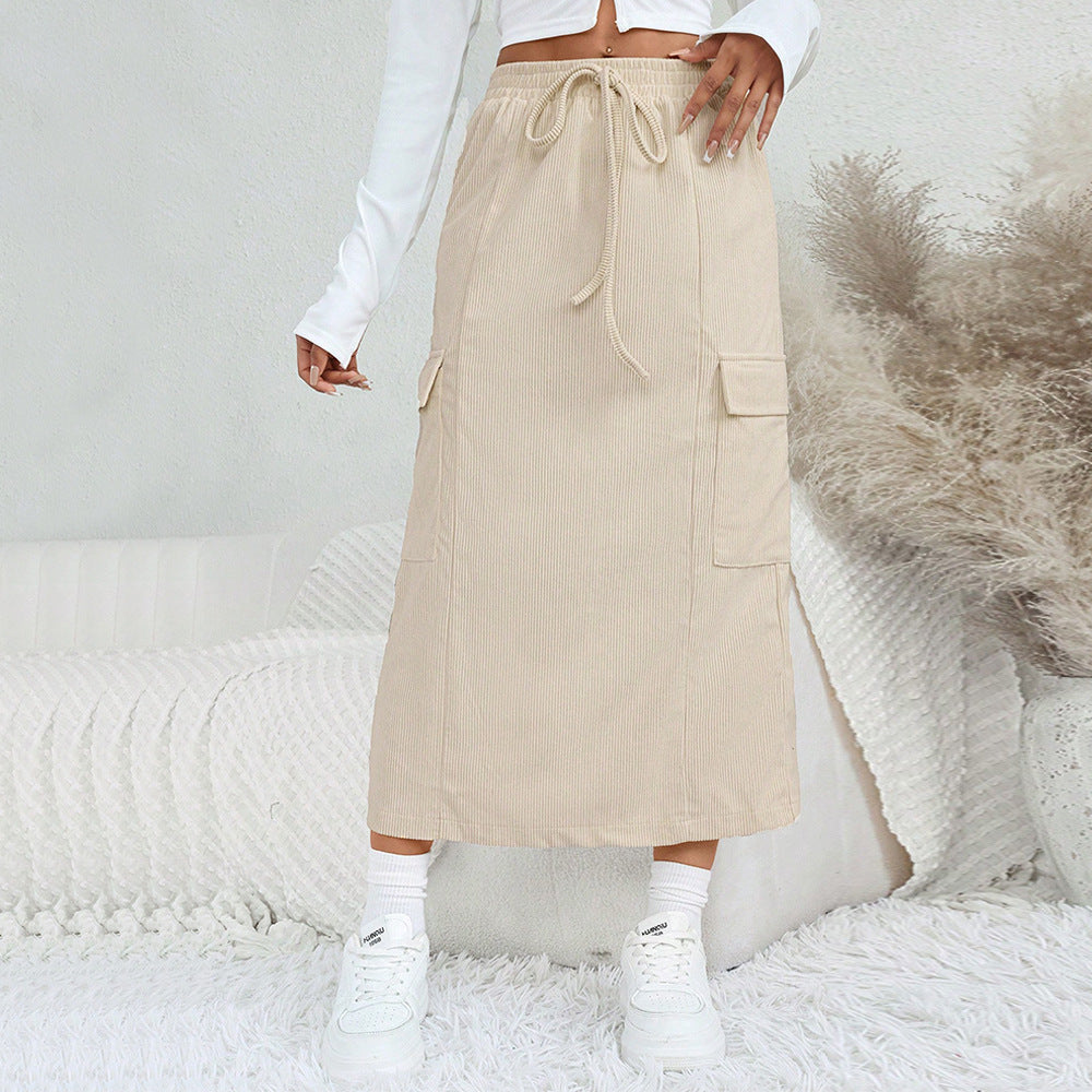 Corduroy Midi Skirt with Drawstring Waist and Cargo Pockets