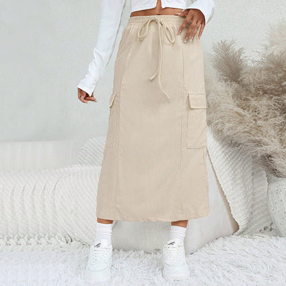 Corduroy Midi Skirt with Drawstring Waist and Cargo Pockets