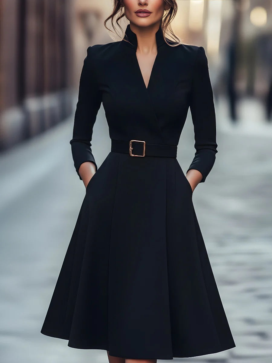 A-Line Midi Dress with Wrap V-Neck and Belted Waist