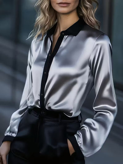 Satin Button-Down Shirt with Contrast Trim