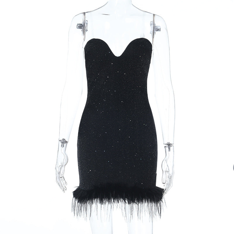 Sparkly Bodycon Mini Dress with Feather Trim and Deep V-Neck