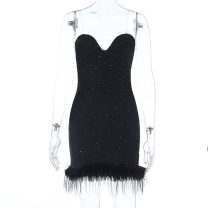 Sparkly Bodycon Mini Dress with Feather Trim and Deep V-Neck