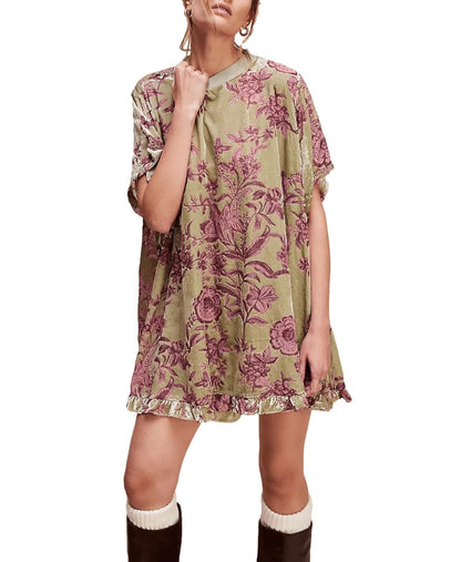 Floral Velvet Mini Dress with Crewneck and Ruffle Hem