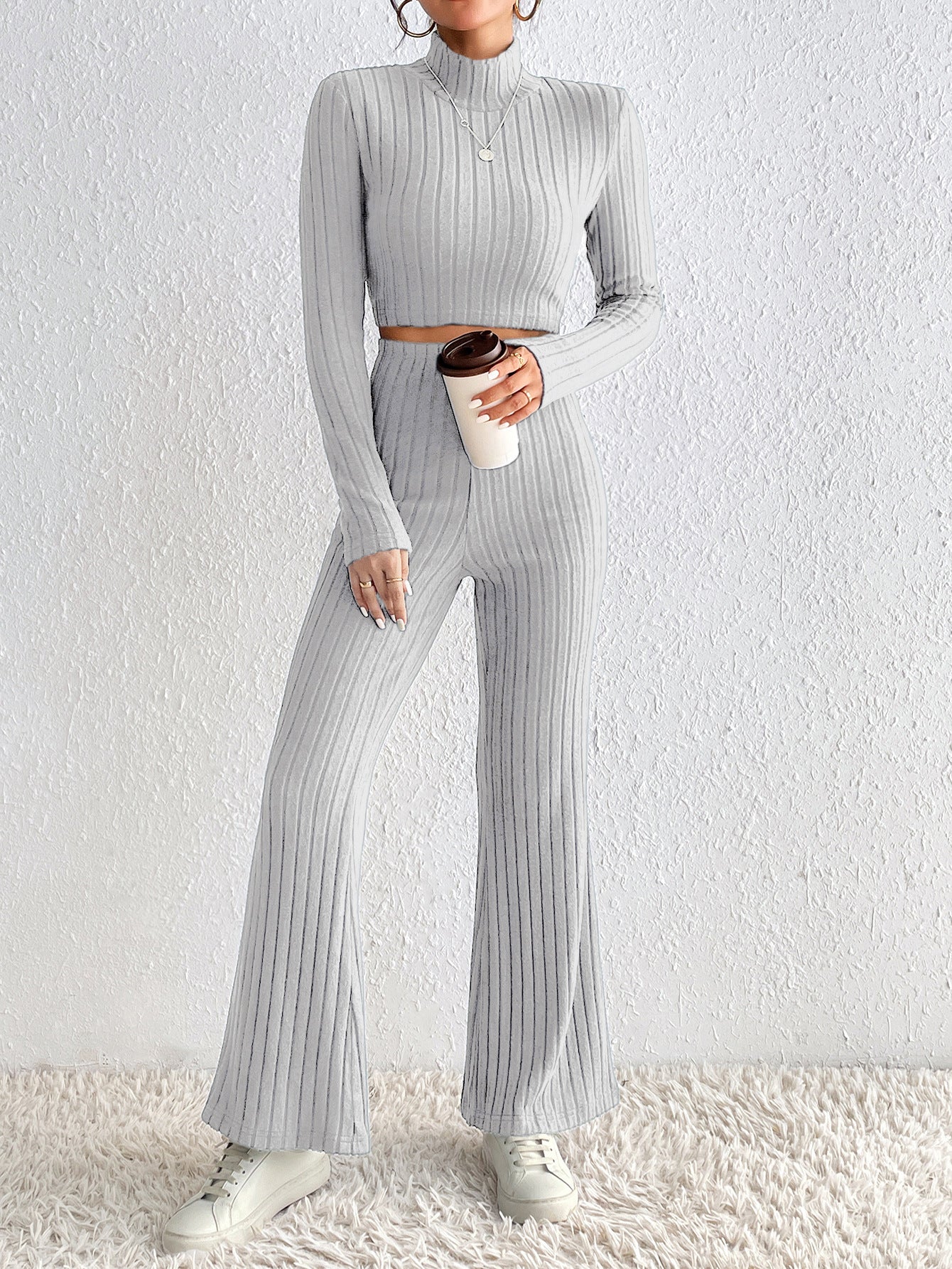Ribbed Knit Two-Piece Set with Turtleneck and Wide-Leg Pants
