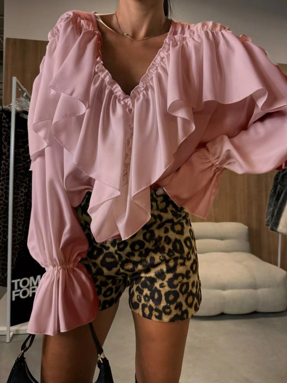 Voluminous Ruffled V-Neck Blouse with Long Sleeves