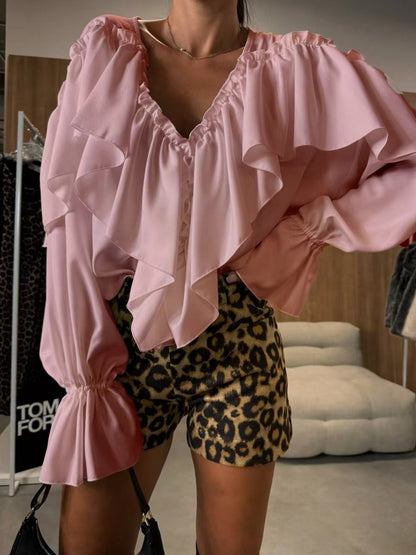 Voluminous Ruffled V-Neck Blouse with Long Sleeves