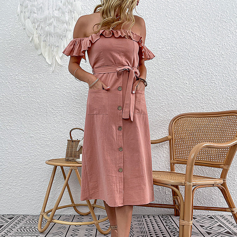 Solid A-Line Midi Dress with Off-the-Shoulder Ruffles and Tie Waist