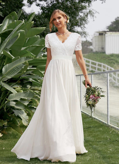 A-Line Maxi Dress with Lace V-Neck Bodice and Chiffon Skirt