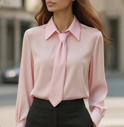 Solid Color Long-Sleeve Blouse with Neck Tie