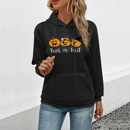 Loose Halloween Print Hoodie with Pouch Pocket
