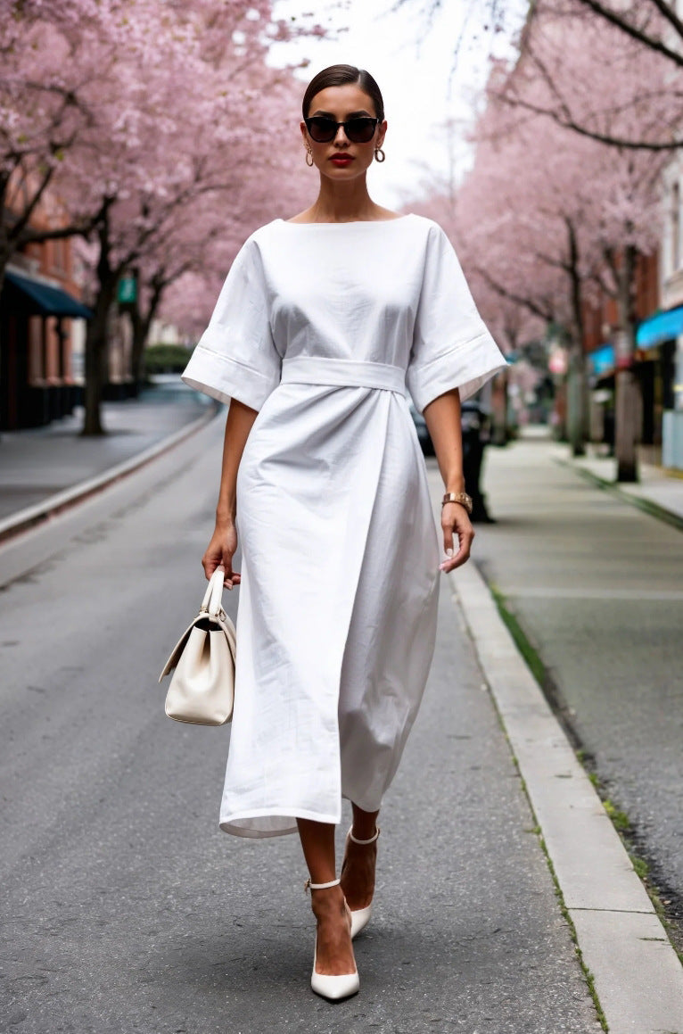 Solid Wrap Midi Dress with Kimono Sleeves and Tie-Waist