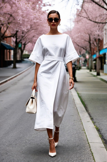 Solid Wrap Midi Dress with Kimono Sleeves and Tie-Waist
