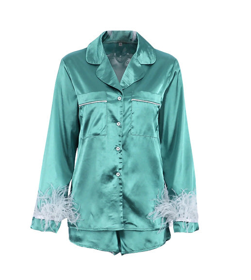 Solid Satin Pajama Set with Feather Trim Cuffs