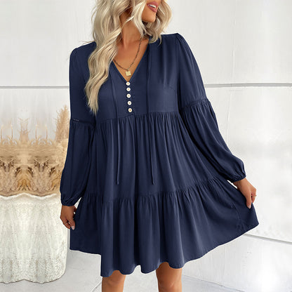 Loose Tiered Mini Dress with V-Neck and Button Front