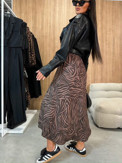 Printed A-Line Long Skirt with High-Waist and Side Split