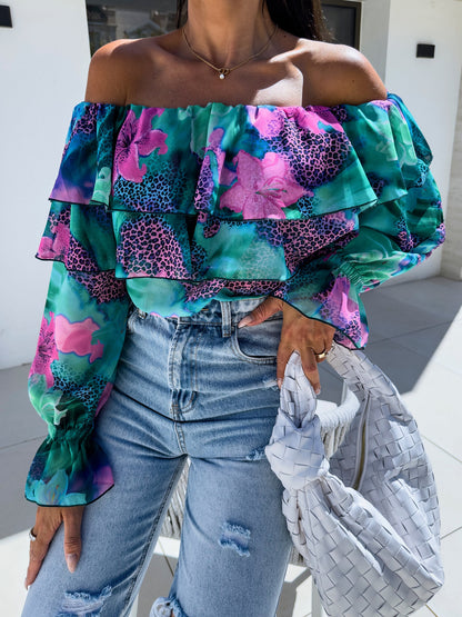 Floral Print Off-Shoulder Blouse with Ruffled Long Sleeves