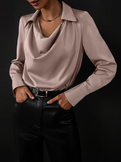 Solid Color Blouse with Cowl Neck and Long Sleeves