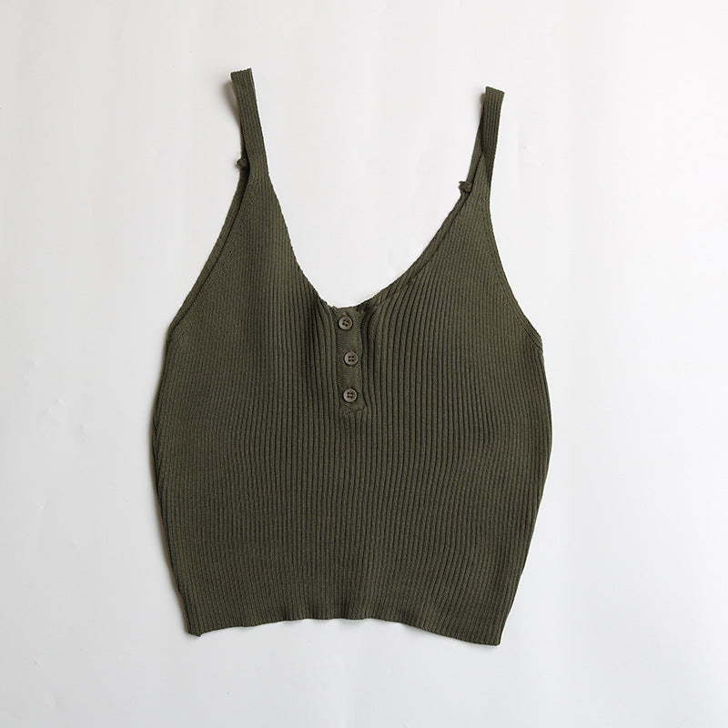 Ribbed Knit Crop Top with Button Front and V-Neck