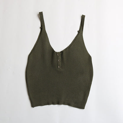 Ribbed Knit Crop Top with Button Front and V-Neck