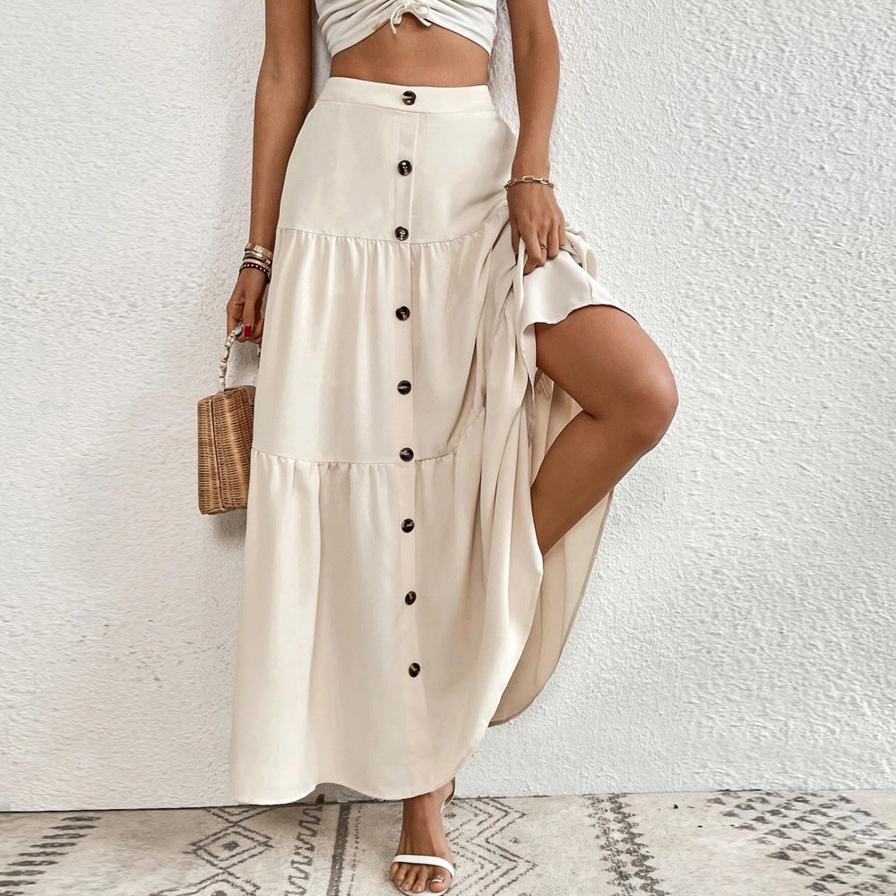 High-Waist Tiered Maxi Skirt with Button-Down Front