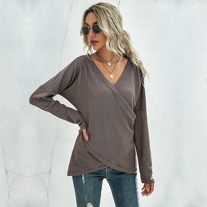 Solid Waffle Knit Wrap Top with Long Sleeves