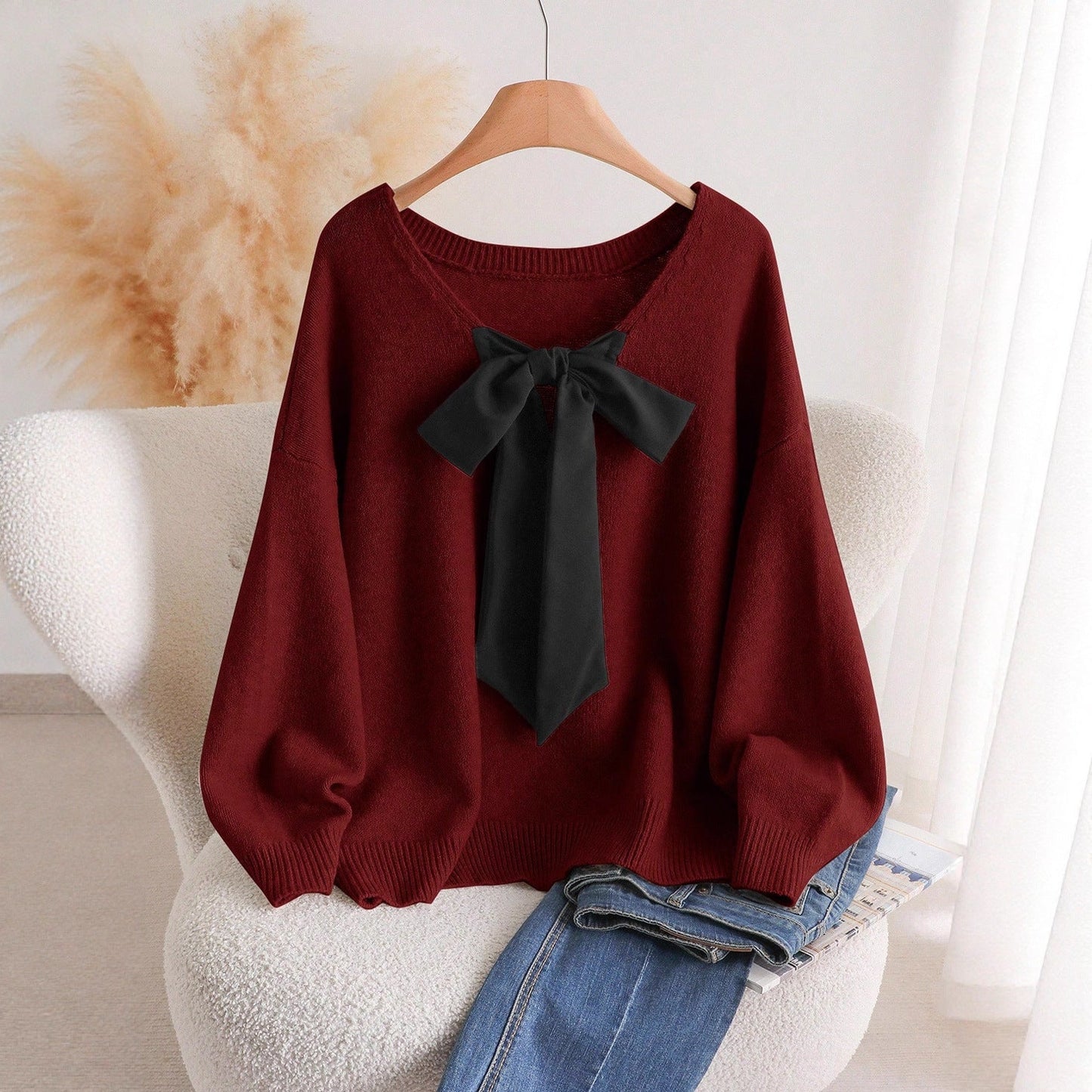 Loose V-Neck Knit Sweater with Oversized Bow Tie